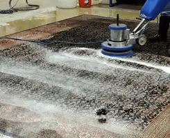 Professional rug cleaning with a rotary floor machine and shampoo foam, deep-cleaning an area rug, in Baton Rouge, LA.
